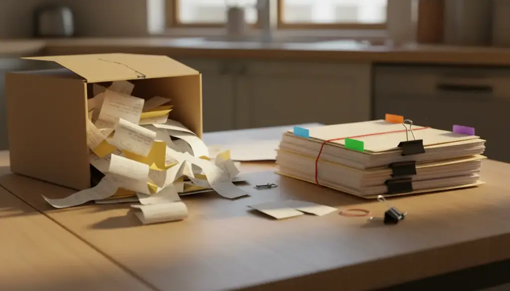 A shoebox of crumpled receipts beside the same papers filed into tabbed manila folders