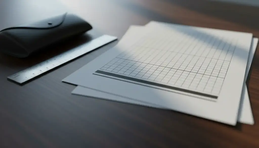 Printed report pages squared on a dark walnut desk beside a steel ruler