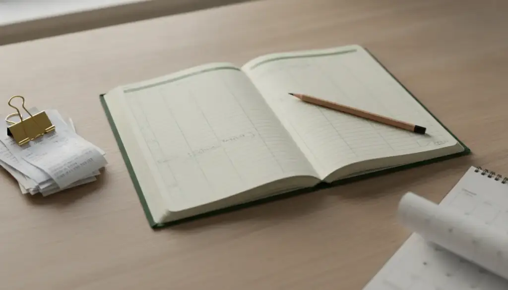 An open green-ruled ledger with a pencil and clipped receipts on a pale oak desk