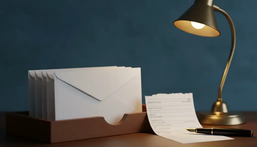 Sealed pay envelopes standing in a wooden tray beside a torn pay stub and a fountain pen