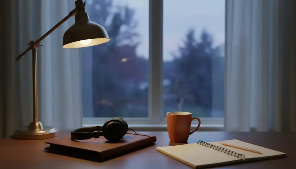 Headphones on a leather portfolio beside a mug and notebook at a window at dusk