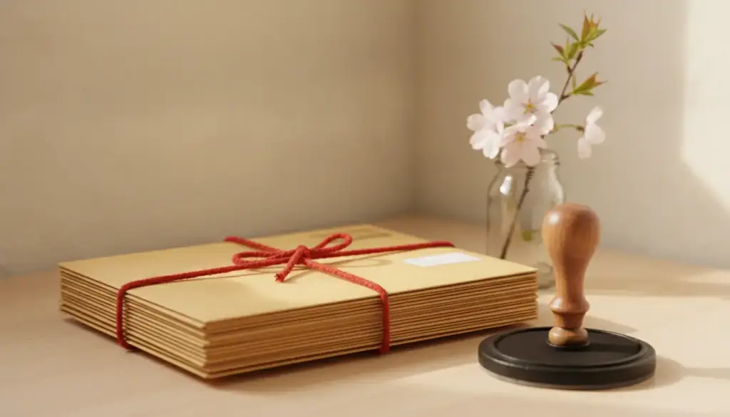 Manila envelopes tied in red string beside a wooden rubber stamp
